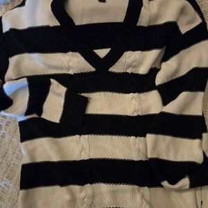 Chaps Black and White Striped V-Neck Cable Knit Sweater